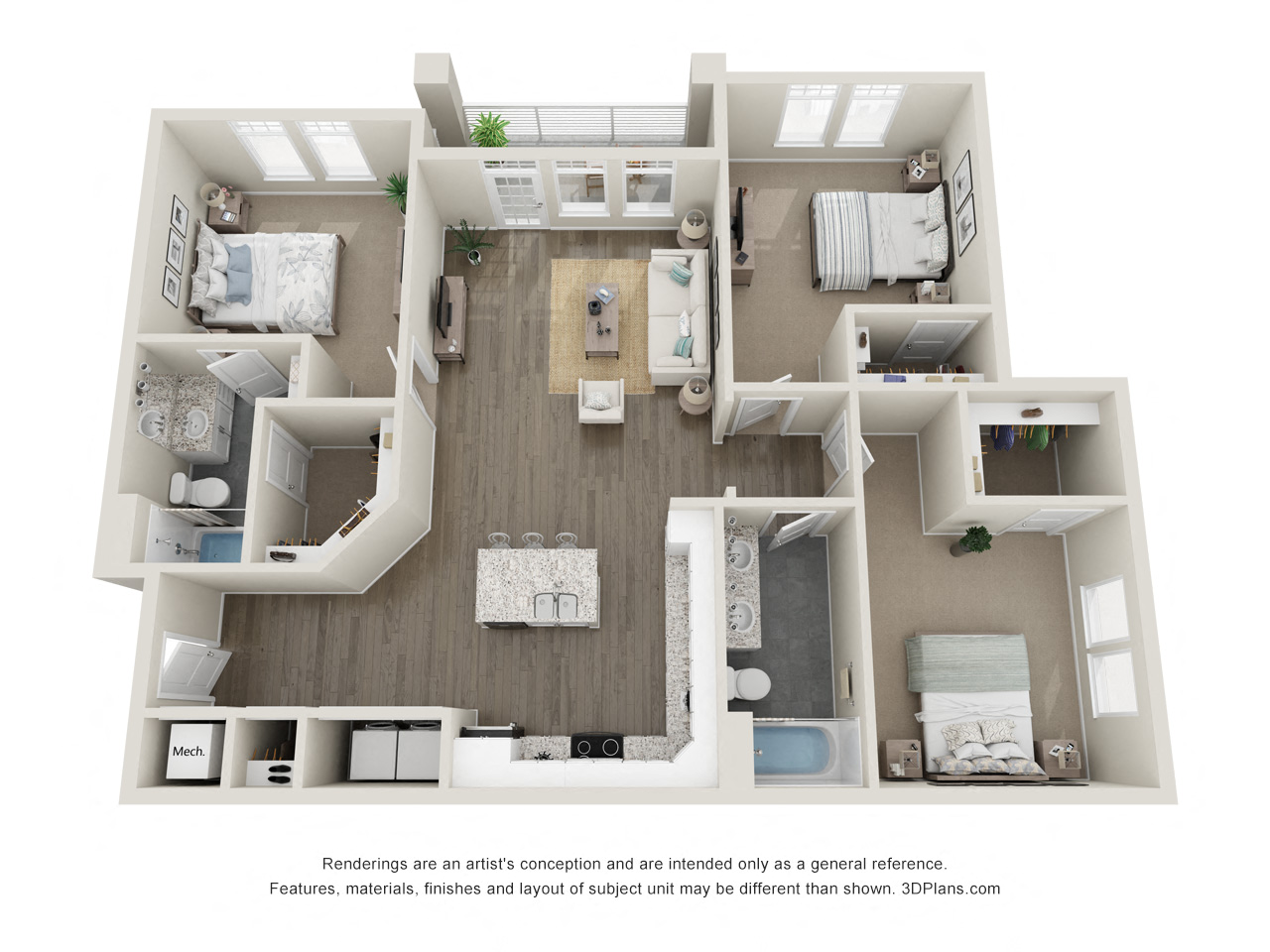 Floor plan for 3 beds, 2 baths, 1367 sqft